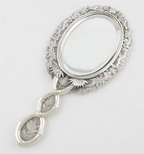 Antique Chinese Silver Dragon Hand Mirror. Bamboo Handle. Cum Shing C1880.