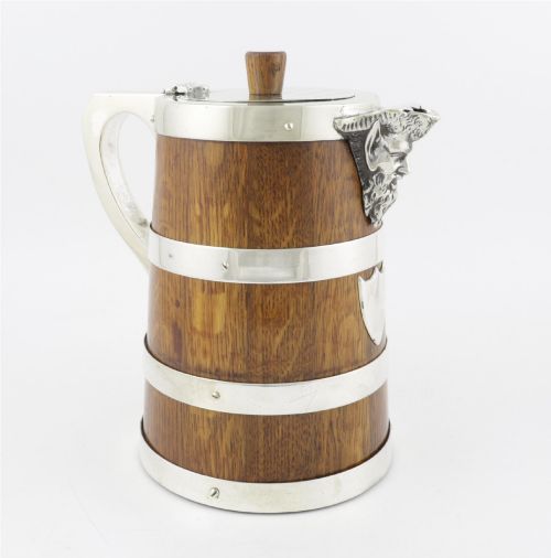 Antique Oak & Silver Plate Bacchus Wine Pitcher. Coopered Water, Ale Jug.