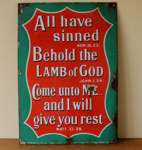 Religious Church Enamel Metal Sign. Lamb of God Bible Quote. C1915.