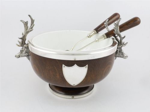 Antique Stag Trophy Bowl. Silver Plate English Oak Fruit, Salad, Nut Dish.
