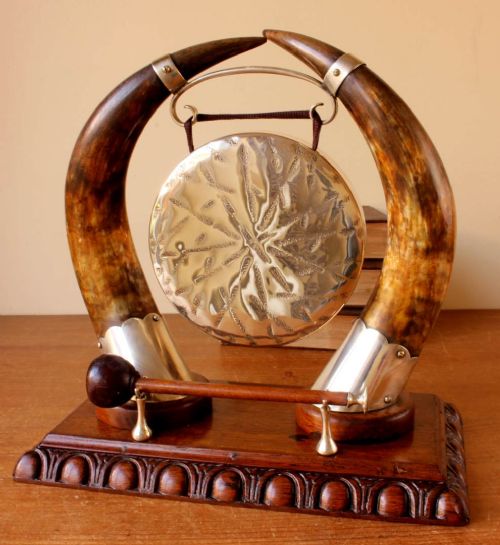 English Oak, Bovine Horn & Silver Plate Dinner Gong. Victorian Taxidermy.