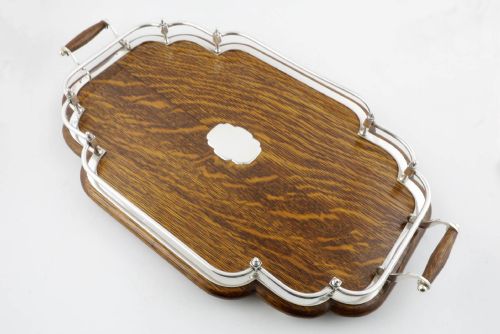 Walker & Hall Gallery Cocktail Tray. English Oak & Silver Plate. C1890.