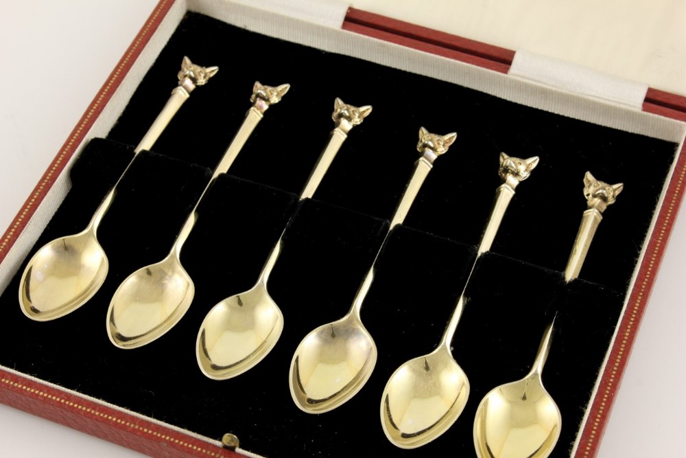 Swaine Brigg Silver Gilt Fox Head Coffee Spoons.