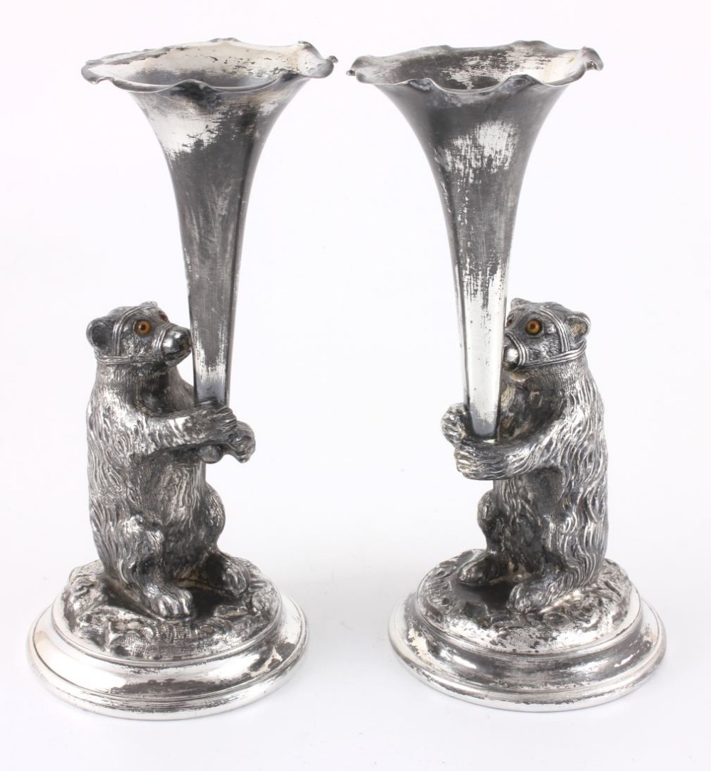 Victorian Novelty Bear Spill Vases With Glass Eyes.