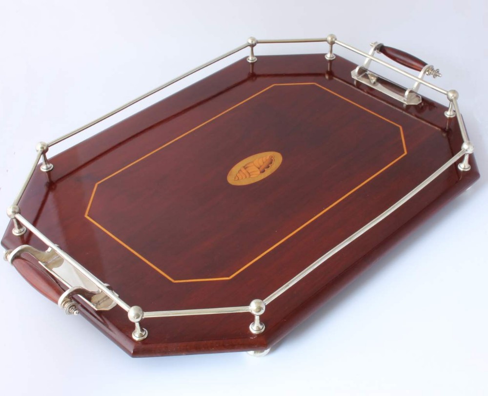 Large Mahogany & Silver Plate Inlaid Gallery Tray.