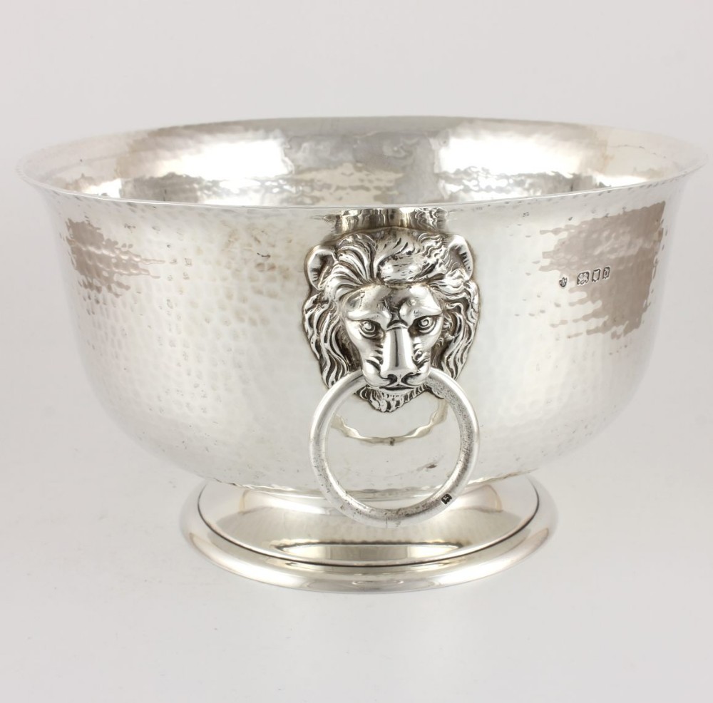 Solid Silver Hammered Lion Bowl Champagne Wine Cooler. 1919.
