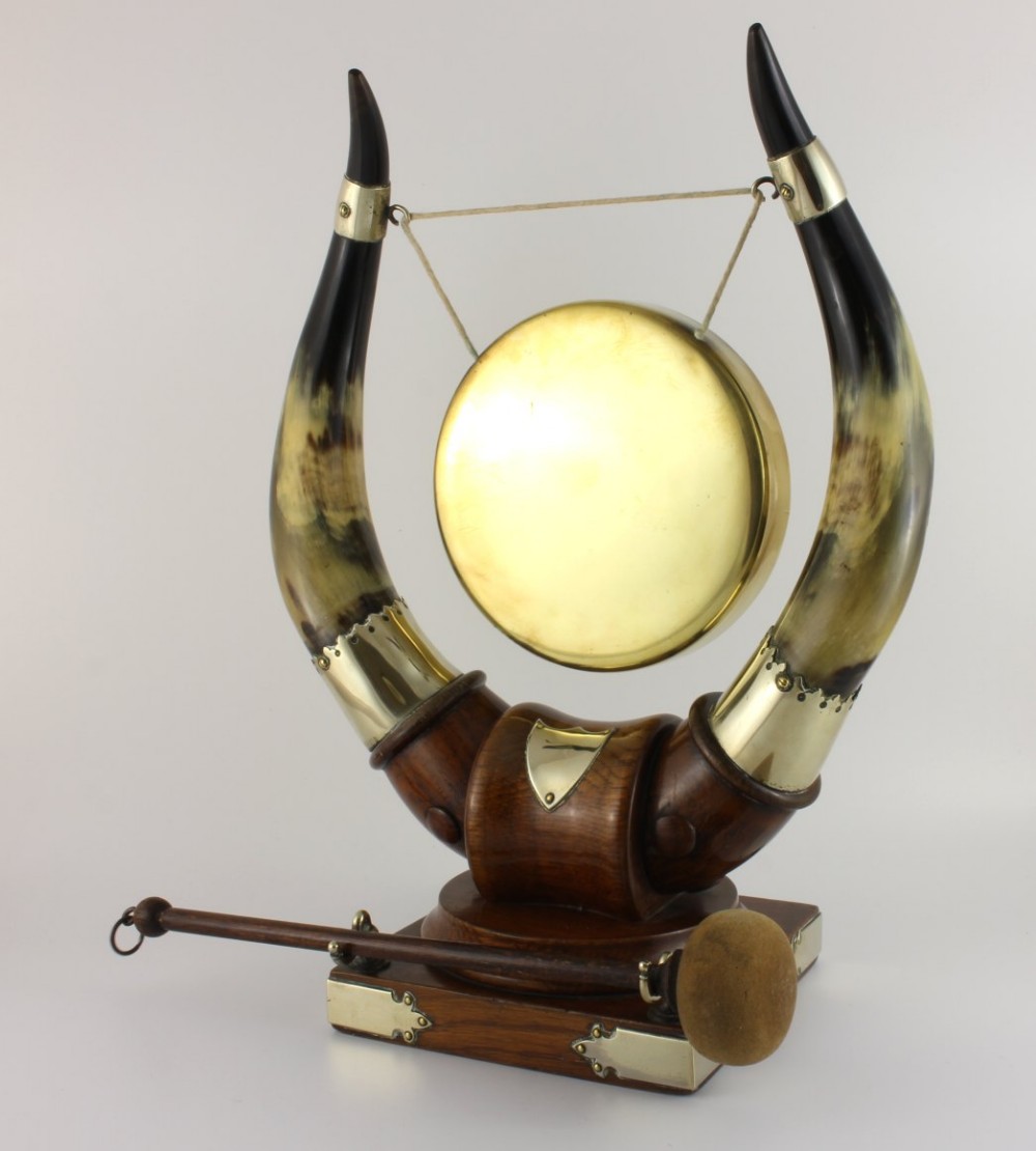 Oak, Bovine Horn, Silver Plate & Brass Gong.