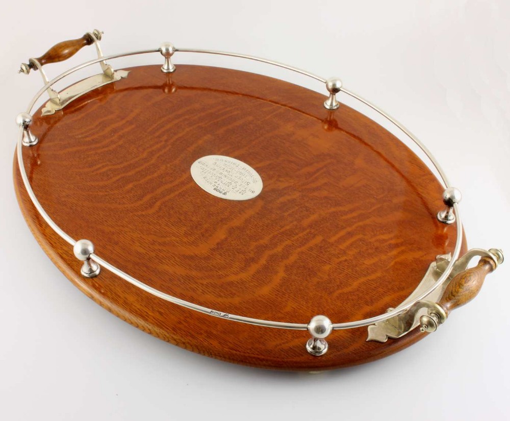 Large Oval Oak & Solid Silver Gallery Tray. 