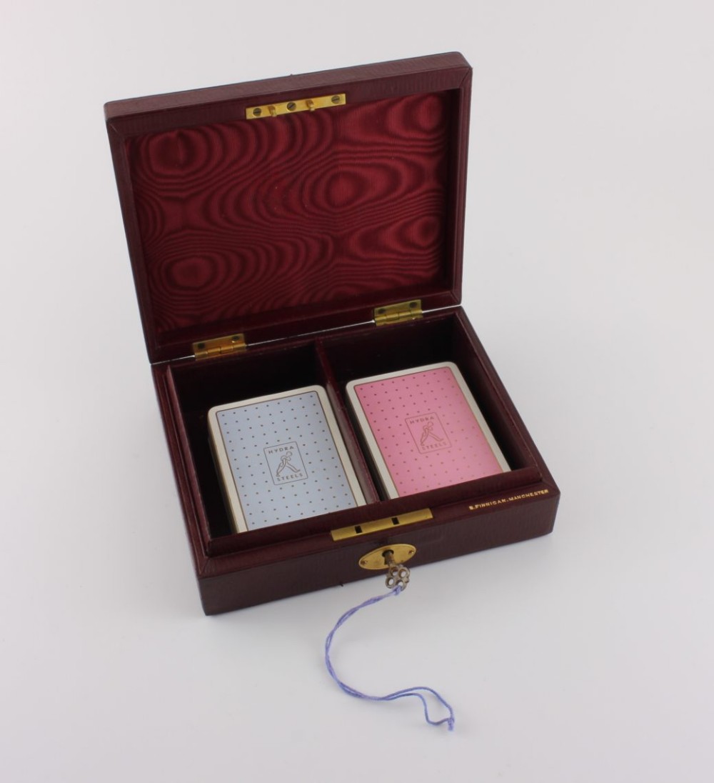 B Finnigan Manchester Red Leather Whist Box & Playing Card Set.