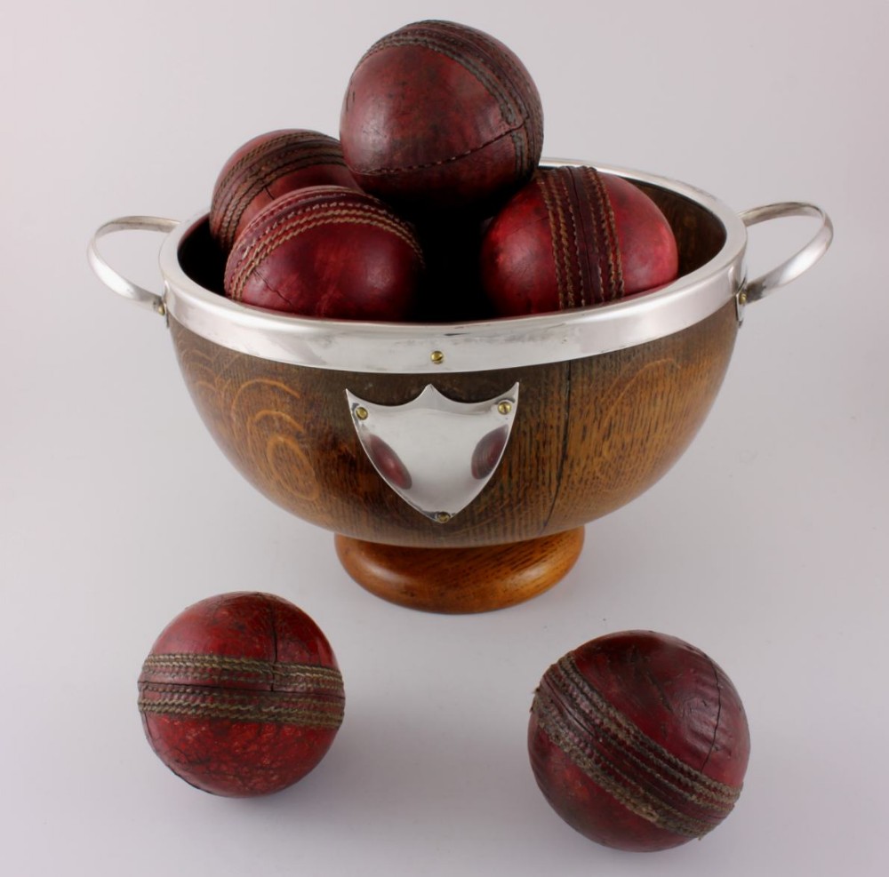Oak Silver Plate Trophy Bowl & 12 Leather Cricket Balls.