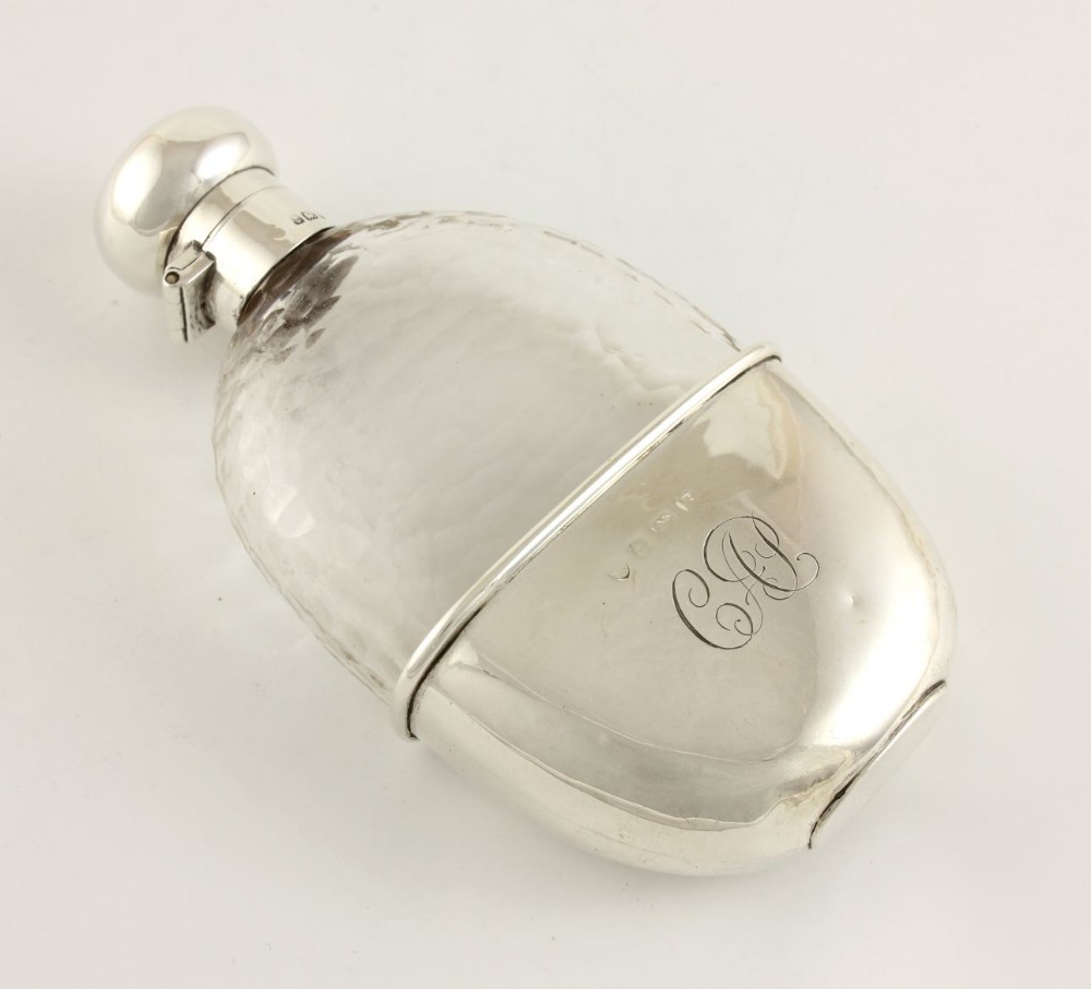 Textured Glass Spirit Hip Flask & Solid Silver Cup.