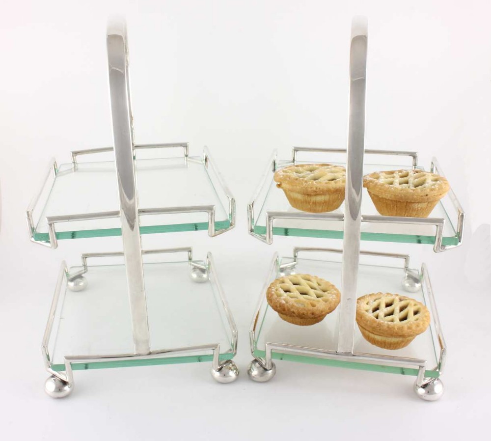 Two Art Deco Silver Plate & Glass Afternoon Tea Cake Stands. 
