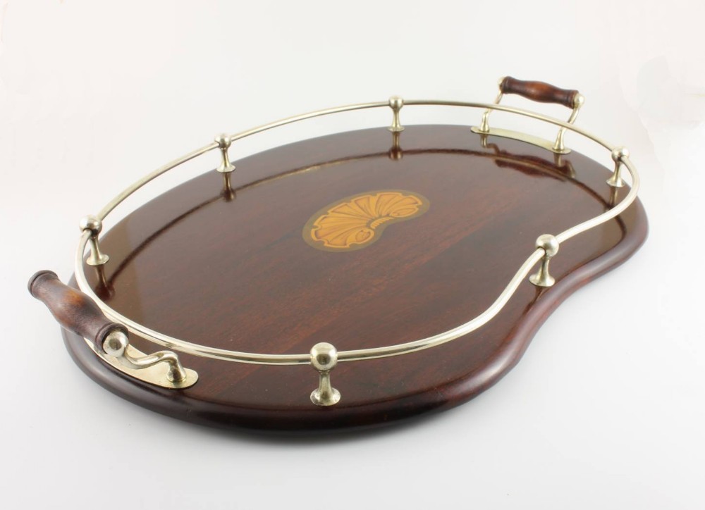 Mahogany Silver Plate Kidney Shape Gallery Tray.