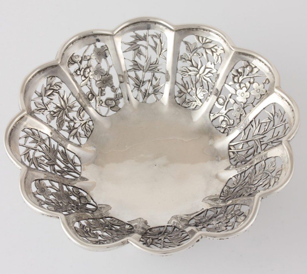 Chinese Silver Shallow Flower Bowl. Luen Wo c1880.