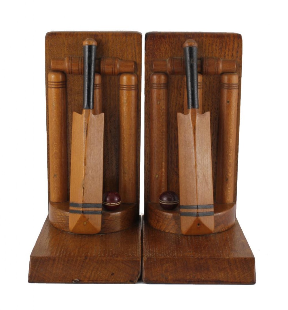 Handmade Oak Bat & Ball Cricket Bookends. 