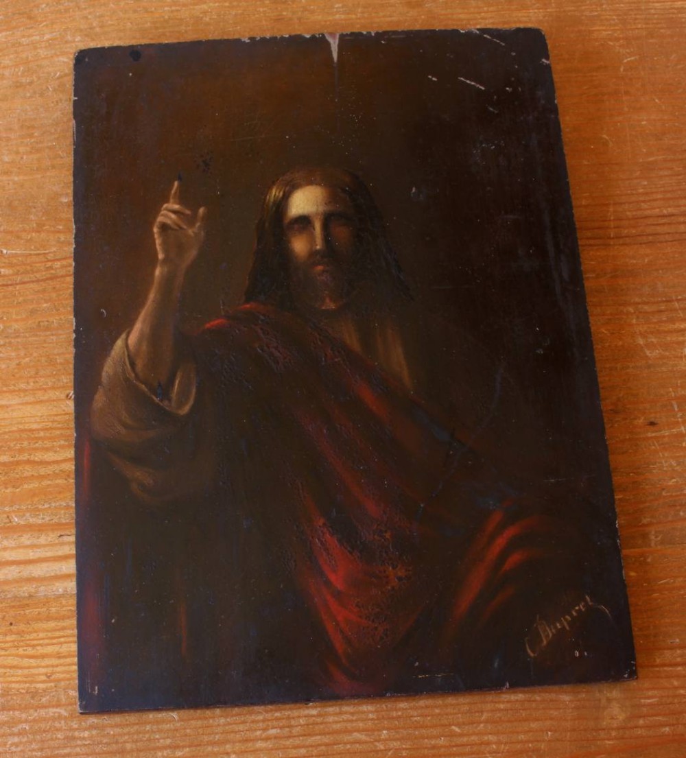 French Jesus Christ Oil Painting on Panel. 