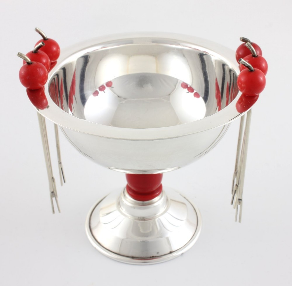 Silver Plated Cherry Cocktail Picks Sticks & Bowl.