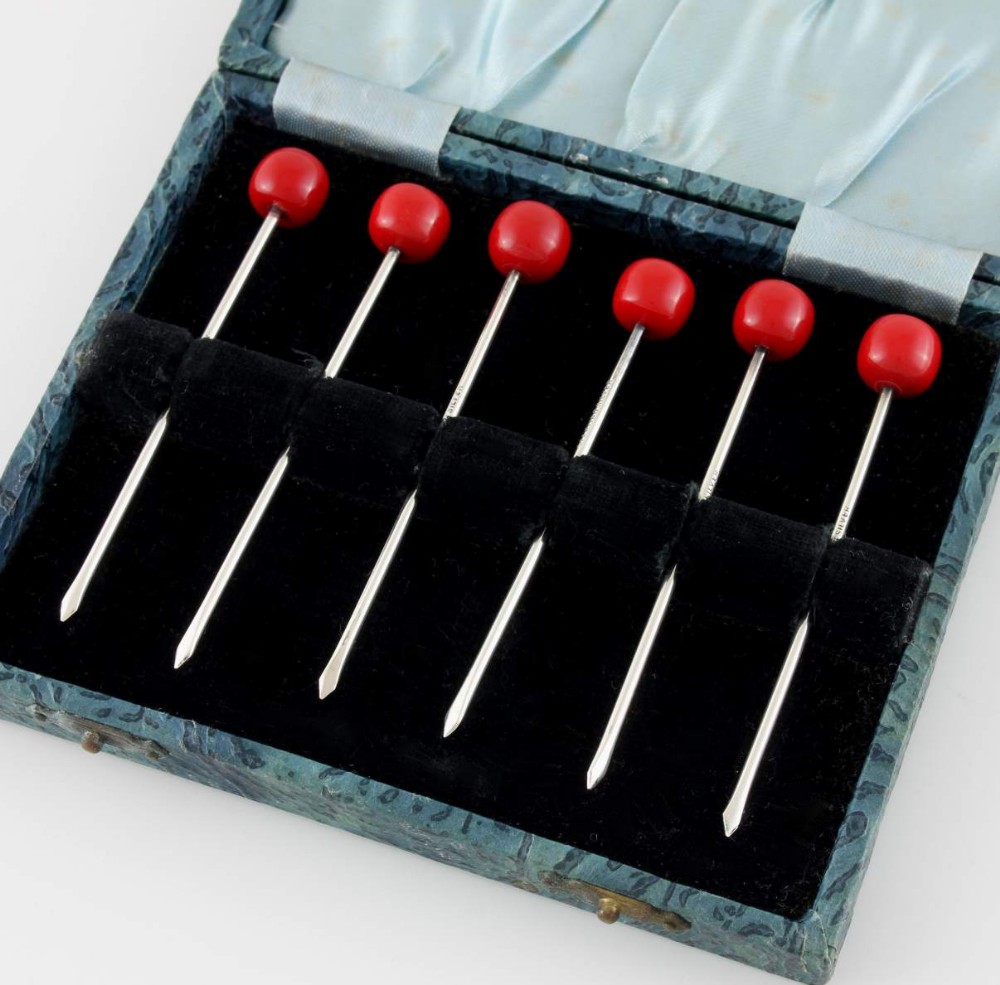 Sterling Silver Cherry Cocktail Sticks. Set of 6 Picks. Boxed.