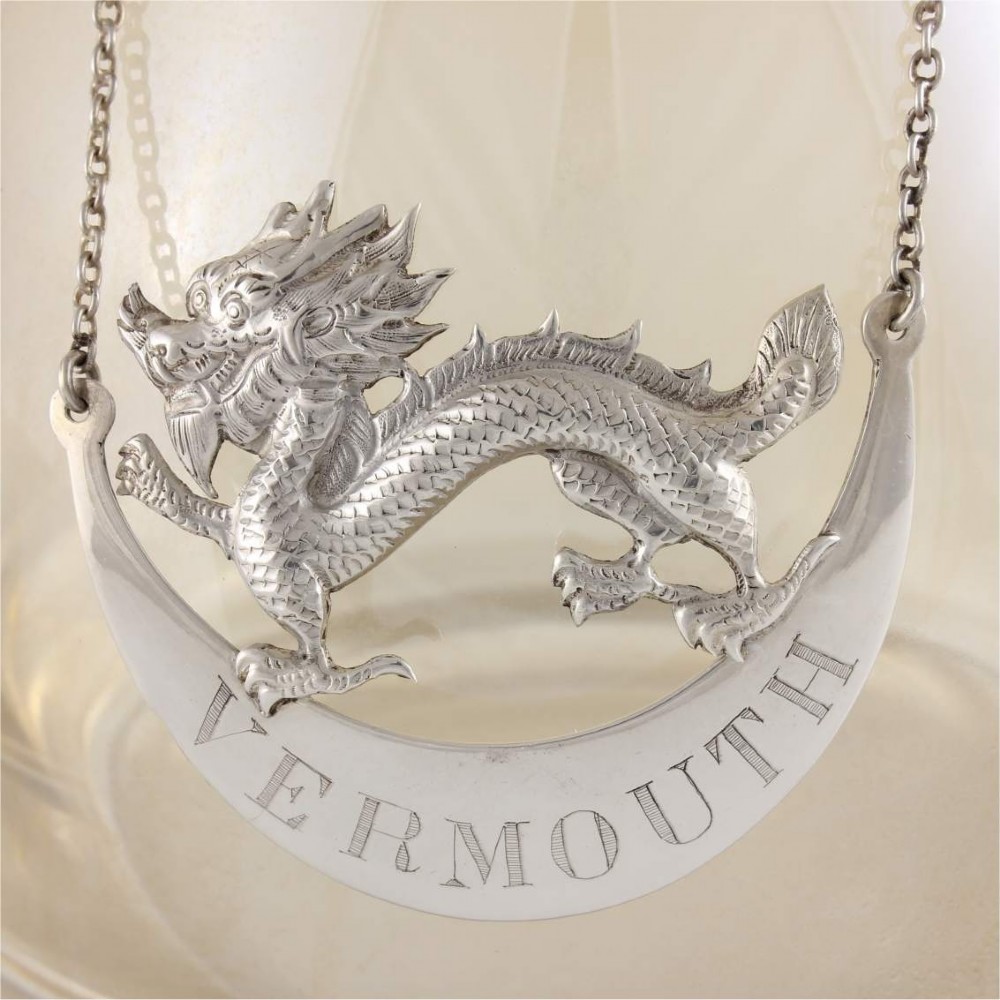 Chinese Silver Dragon Vermouth Bottle Decanter Label. Wang Hing c1890.