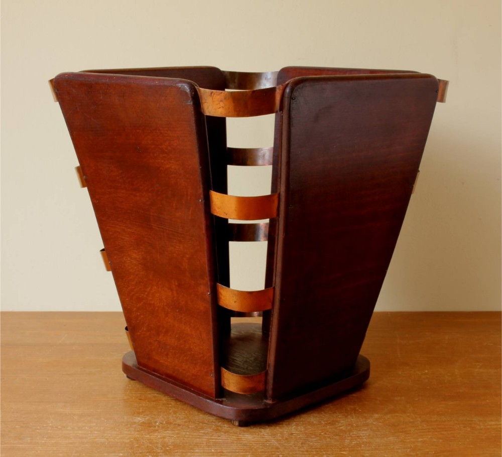 Art Deco Wood & Copper Waste Paper Basket. J E Ruhlmann Attributed