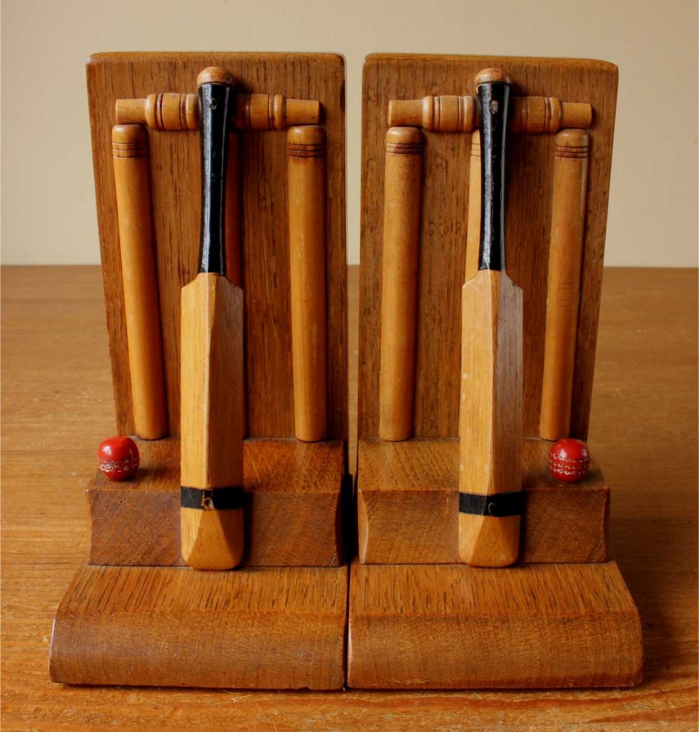Pair Art Deco Thornton Smith Oak Cricket Bookends.