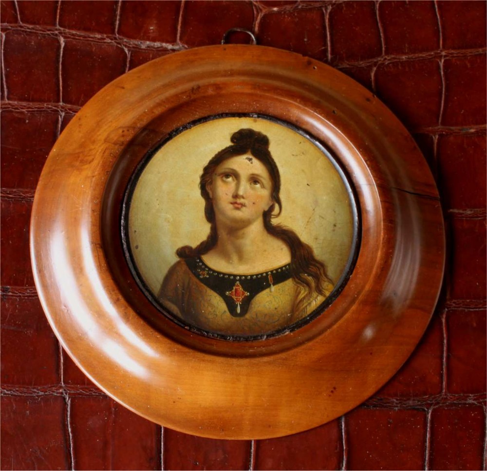 Antique French Miniature Religious Portrait Oil Painting Of Saint Cecile.