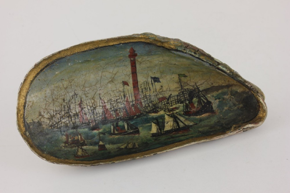Maritime Folk Art Painted Shell. Ships Lange Jaap Lighthouse Holland.