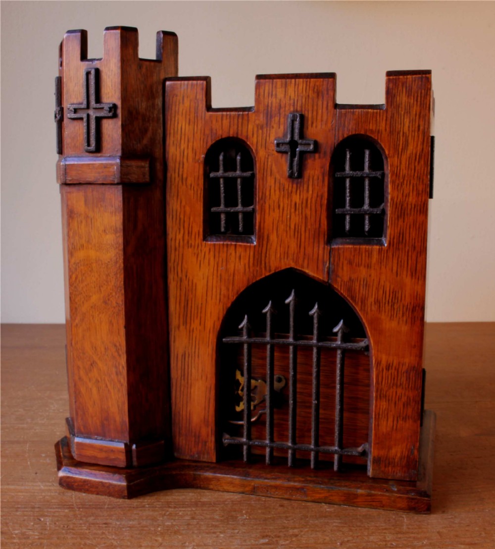 Castle Design Oak Table Top Cabinet Storage Box. Edwardian c1902.