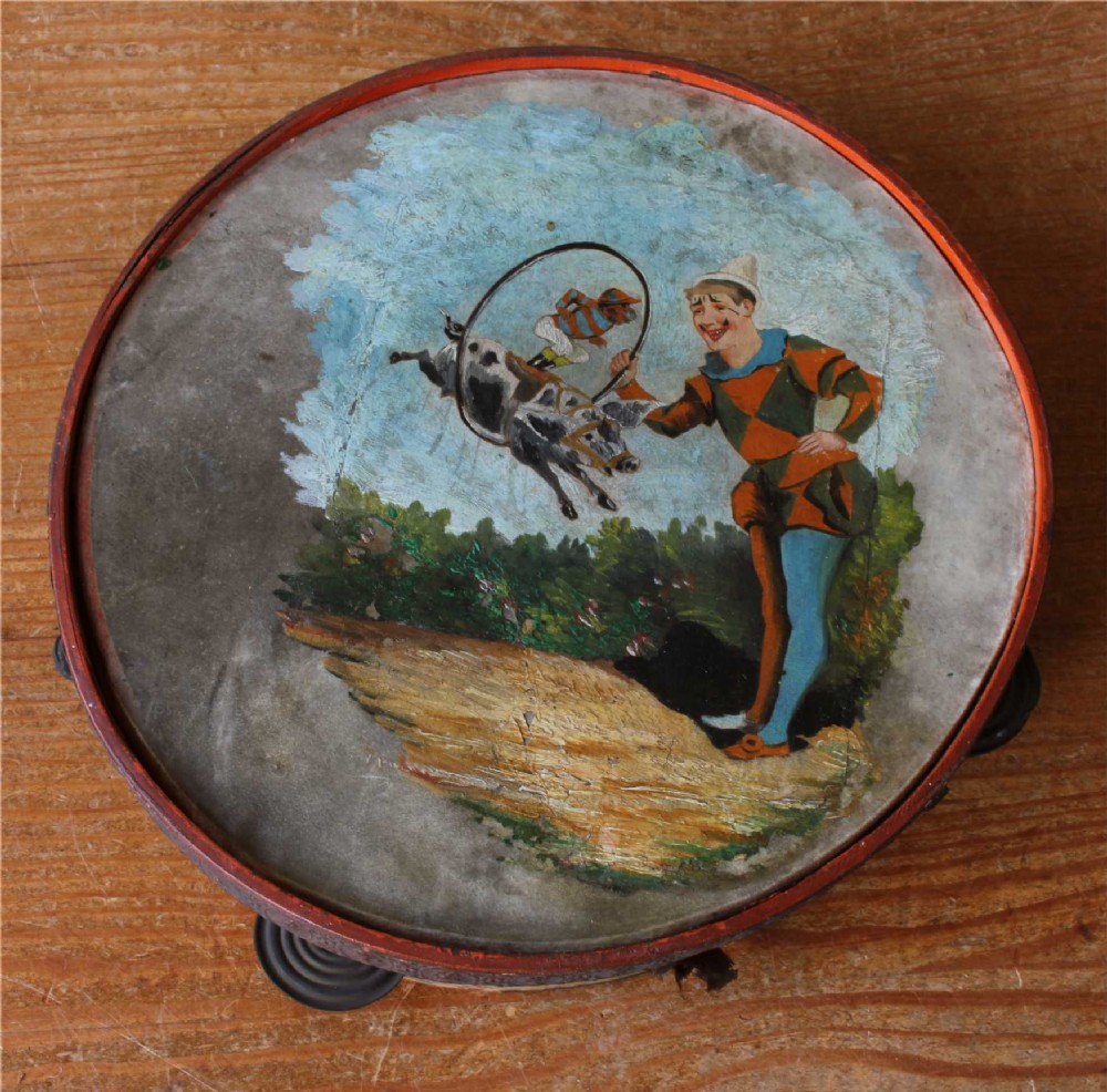 Folk Art Oil Painting on Tambourine of a Clown, Monkey Jockey on Pig. 