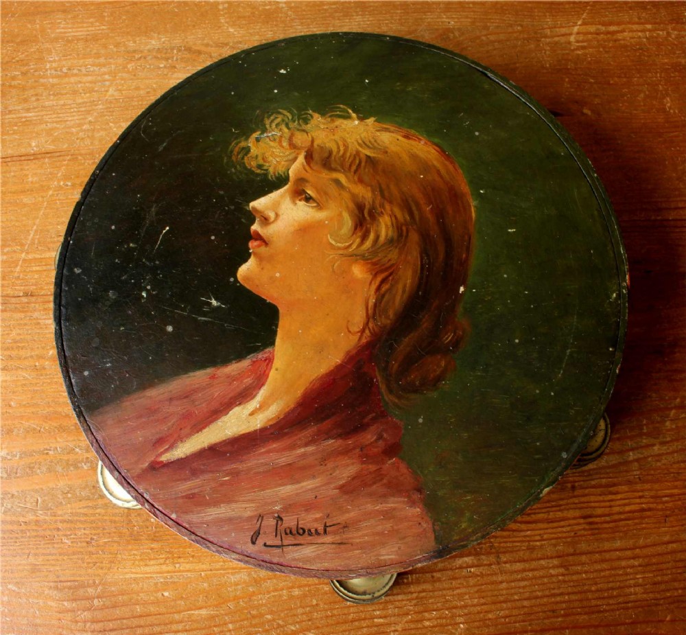 Antique Painted Tambourine. Oil Painting Lady Portrait. French Folk Art.