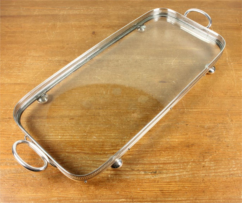 Antique Glass & Silver Plate Gallery Tray. Large Drinks Cocktail Tray.