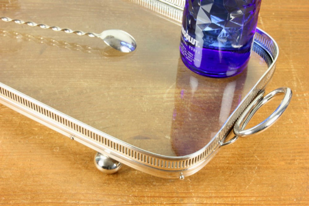 Antique Glass & Silver Plate Gallery Tray. Large Drinks Cocktail Tray. View V