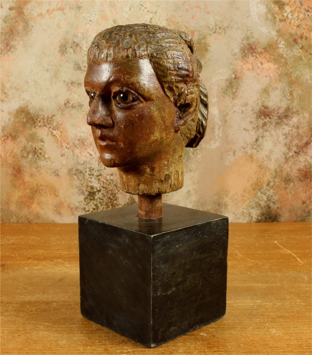 Antique Carved Wood Head. 18th Century Italian Polychrome Statue Carving.