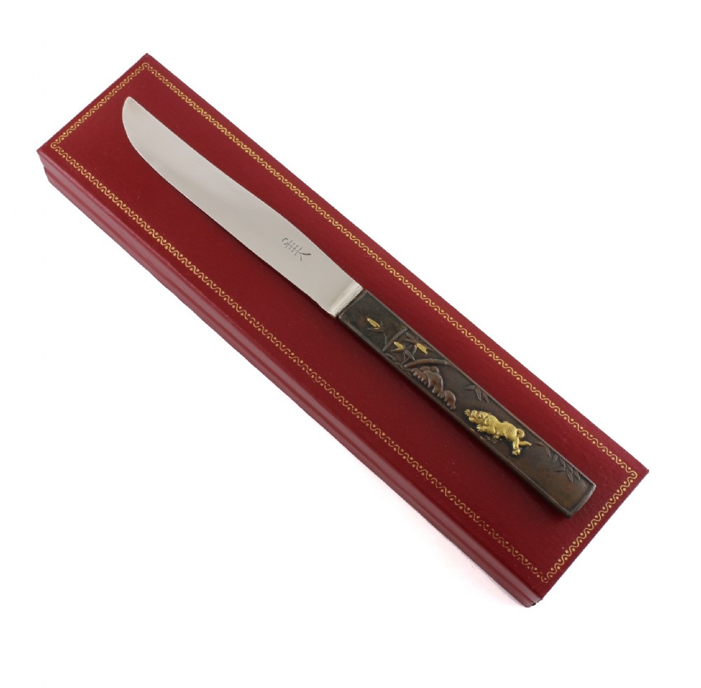 Japanese Bronze Kozuka Tiger Silver Letter Opener. Antique Meiji c1880.