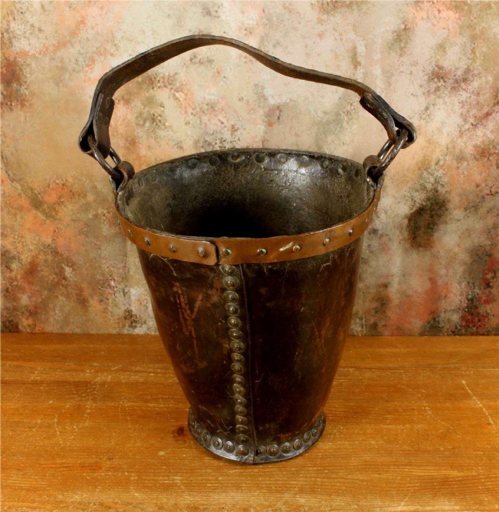 Antique Leather Fire Bucket. Hepburn and Gale Studded Paper Basket.