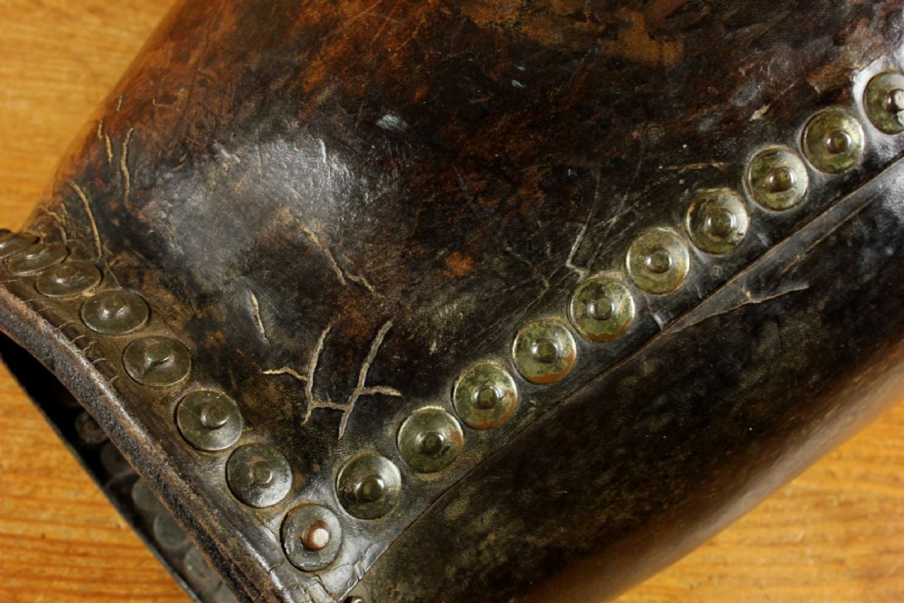 Antique Leather Fire Bucket. Hepburn and Gale Studded Paper Basket. View X