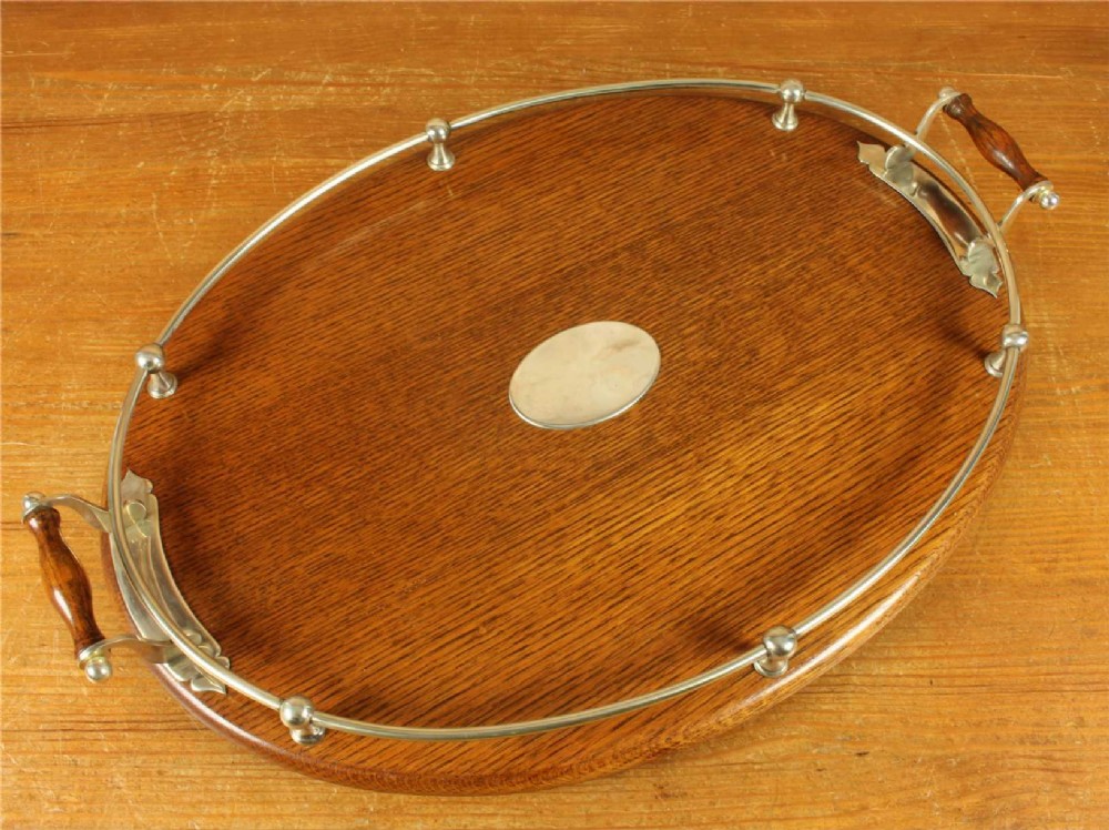 Antique Oval English Oak & Silver Plate Gallery Tray. Large Cocktail Bar.