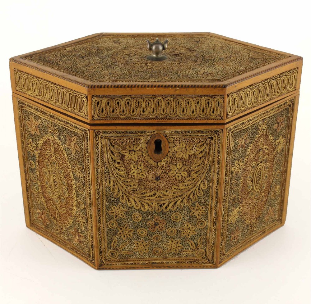 Georgian Scrollwork Tea Caddy. Quill Work. Gilt Paper Scroll Box. c1790.