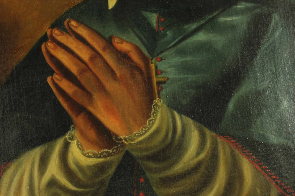 An 18th-century Italian oil painting depicting Saint Francis de Sales with folded hands and a luminous halo against a dark background. View VIII