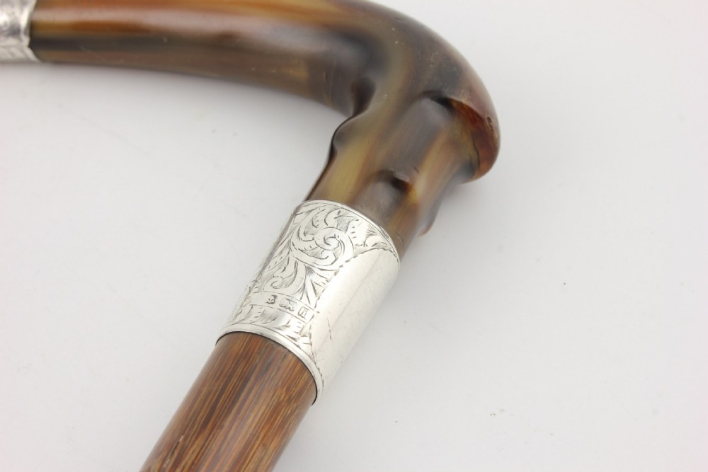 An Edwardian walking stick featuring a curved brown horn handle with a silver tip and an engraved sterling silver collar attached to a dark bamboo shaft. View XI