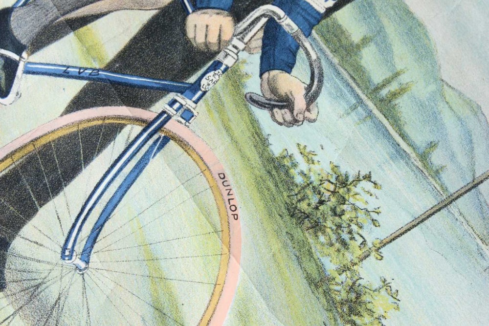 An early twentieth-century Belgian advertising poster depicting cyclist Francois Faber aboard a blue bicycle with French text and a landscape background. View IV