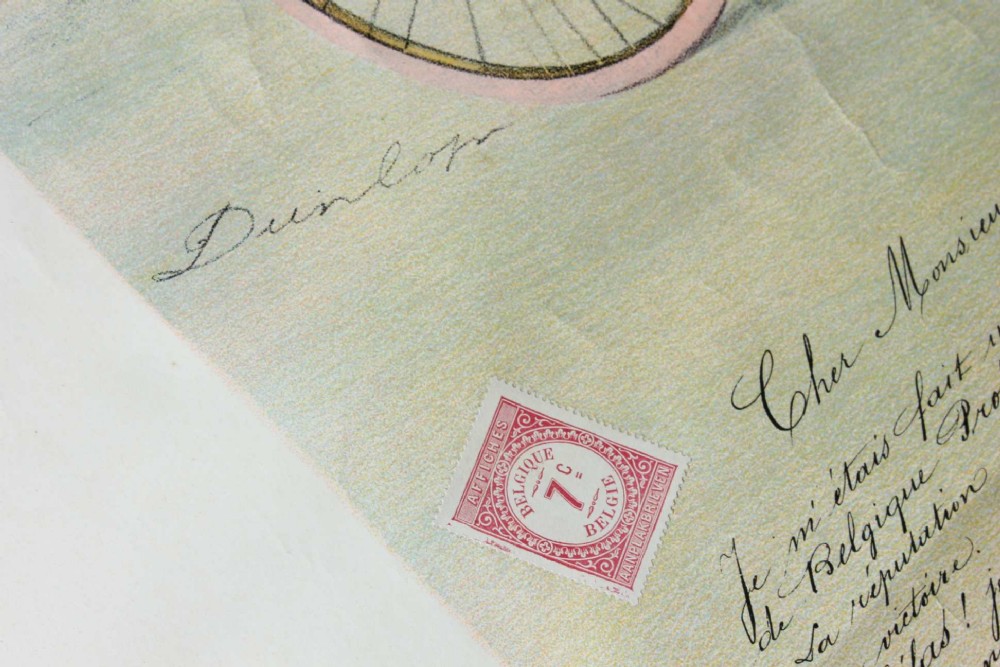 An early twentieth-century Belgian advertising poster depicting cyclist Francois Faber aboard a blue bicycle with French text and a landscape background. View VII