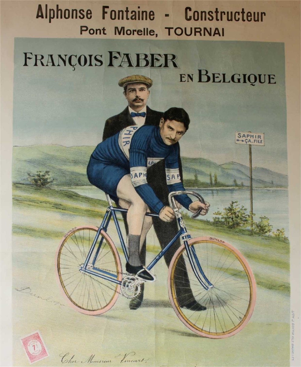 An early twentieth-century Belgian advertising poster depicting cyclist Francois Faber aboard a blue bicycle with French text and a landscape background. View VIII