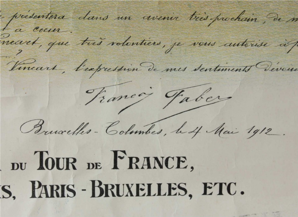 An early twentieth-century Belgian advertising poster depicting cyclist Francois Faber aboard a blue bicycle with French text and a landscape background. View XI