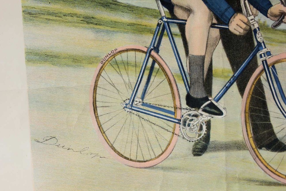 An early twentieth-century Belgian advertising poster depicting cyclist Francois Faber aboard a blue bicycle with French text and a landscape background. View XIII