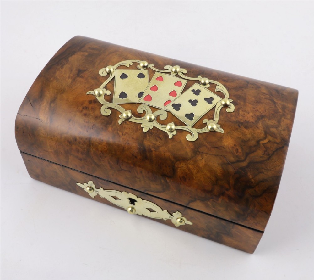 Antique Walnut Playing Card Box. Brass. Poker Dice Games Casket. c1890.