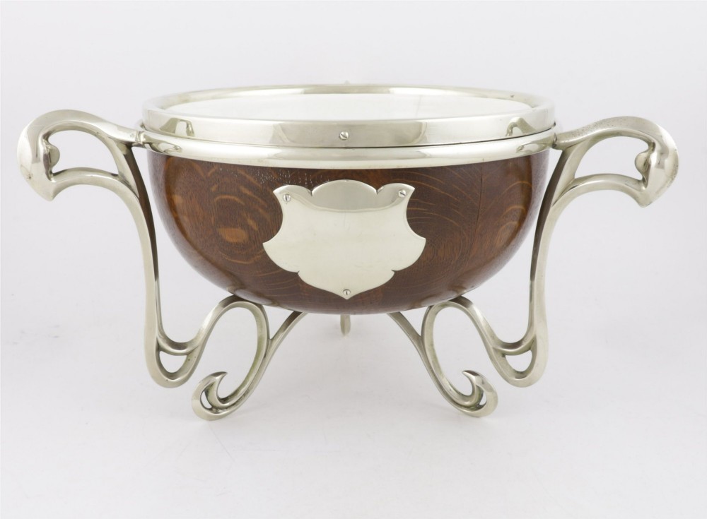 Antique English Oak & Silver Plate Fruit Trophy Bowl. Art Nouveau Bowl.