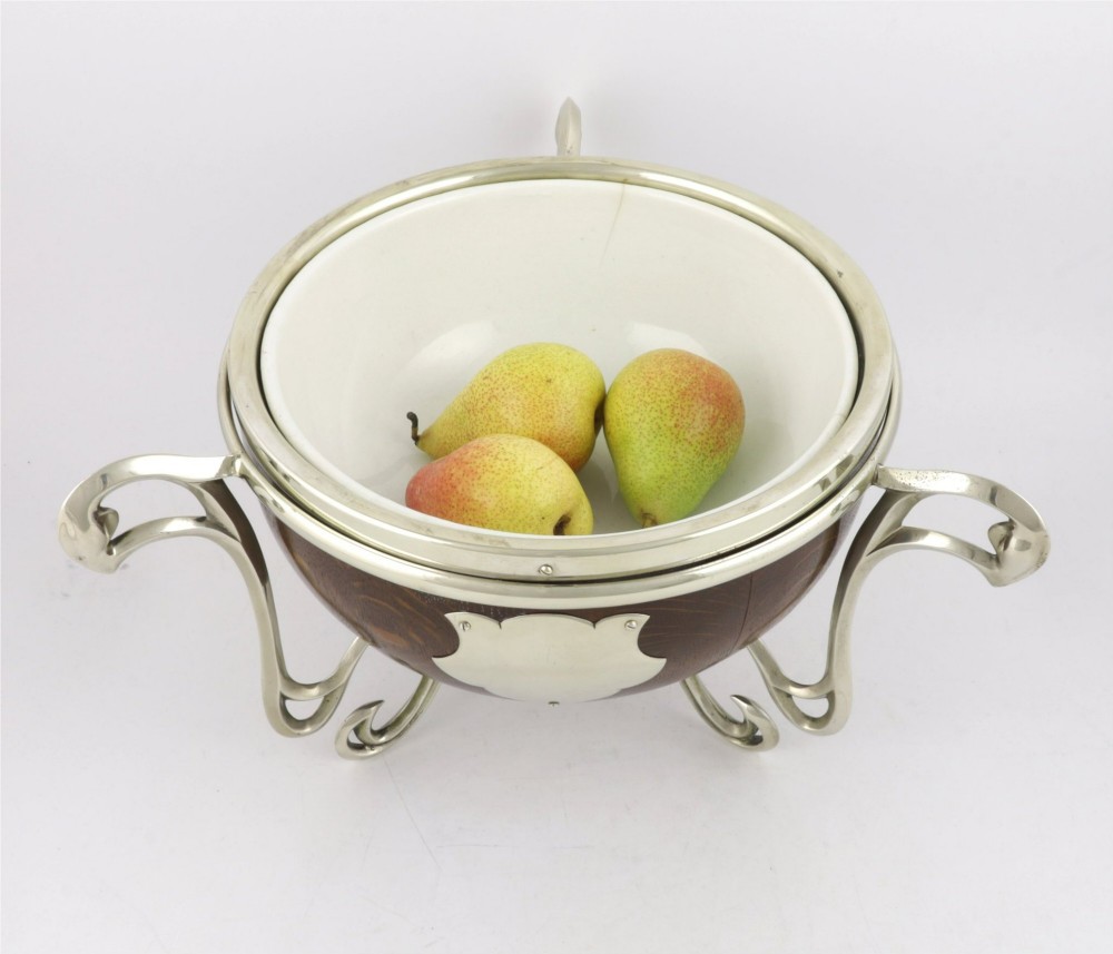 Antique English Oak & Silver Plate Fruit Trophy Bowl. Art Nouveau Bowl. View II