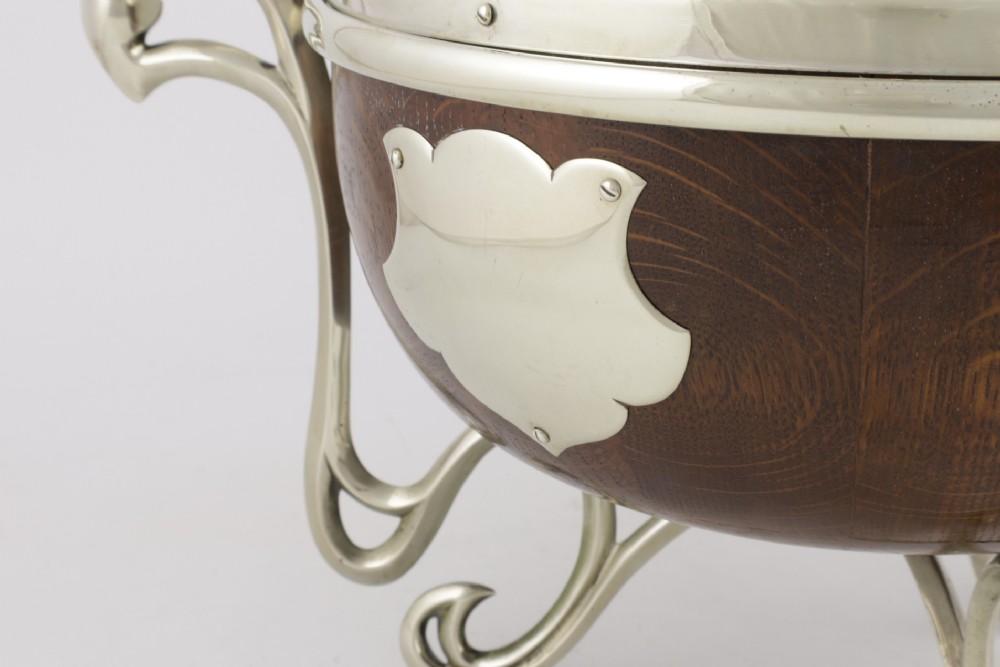 Antique English Oak & Silver Plate Fruit Trophy Bowl. Art Nouveau Bowl. View V