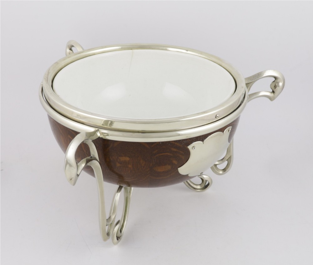 Antique English Oak & Silver Plate Fruit Trophy Bowl. Art Nouveau Bowl. View VI
